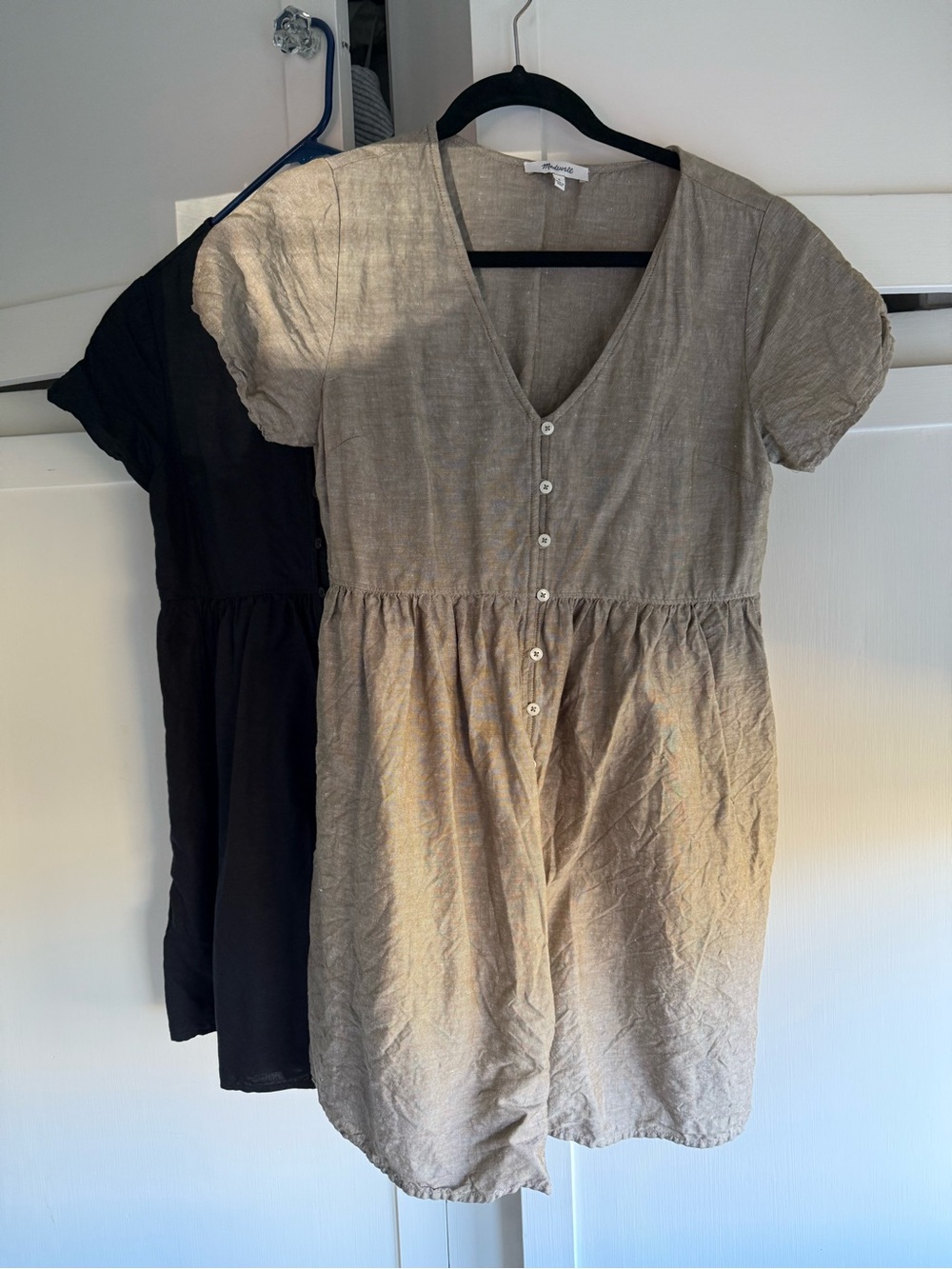 Bundle of TWO Madewell Short-Sleeve V-Neck Button Mini Dress in Taupe and Black